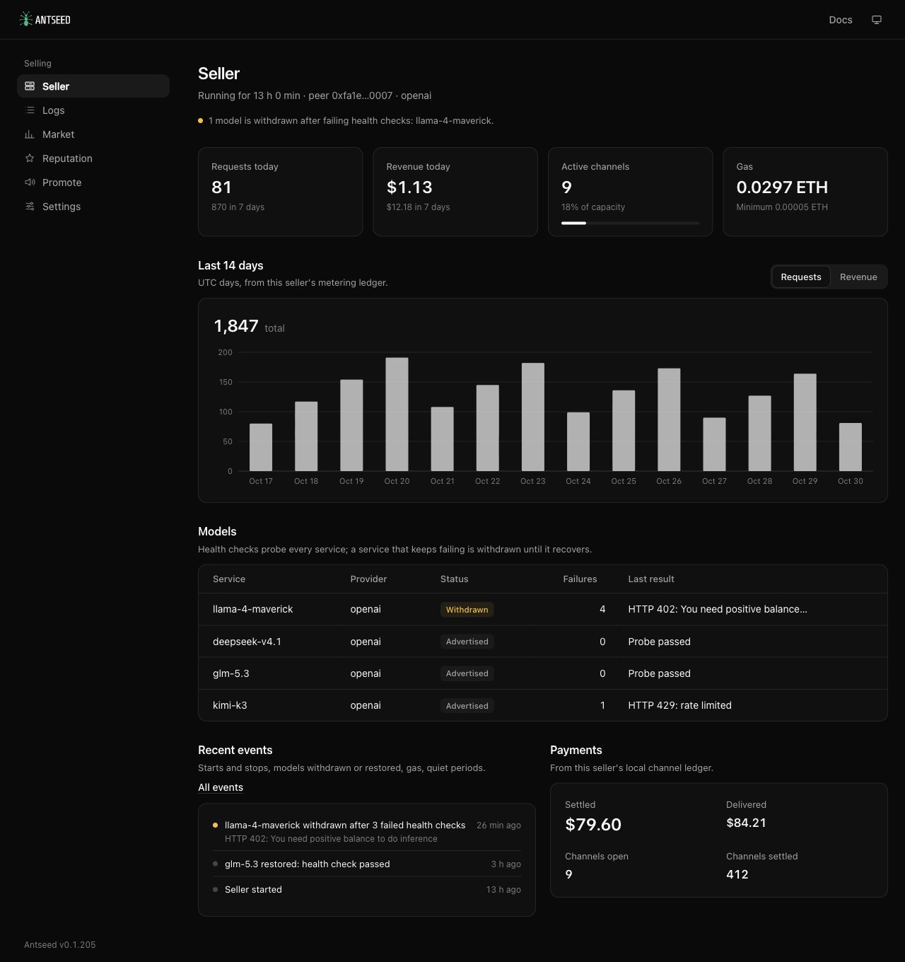 Seller overview showing sample earnings, requests, payment balances and model health.