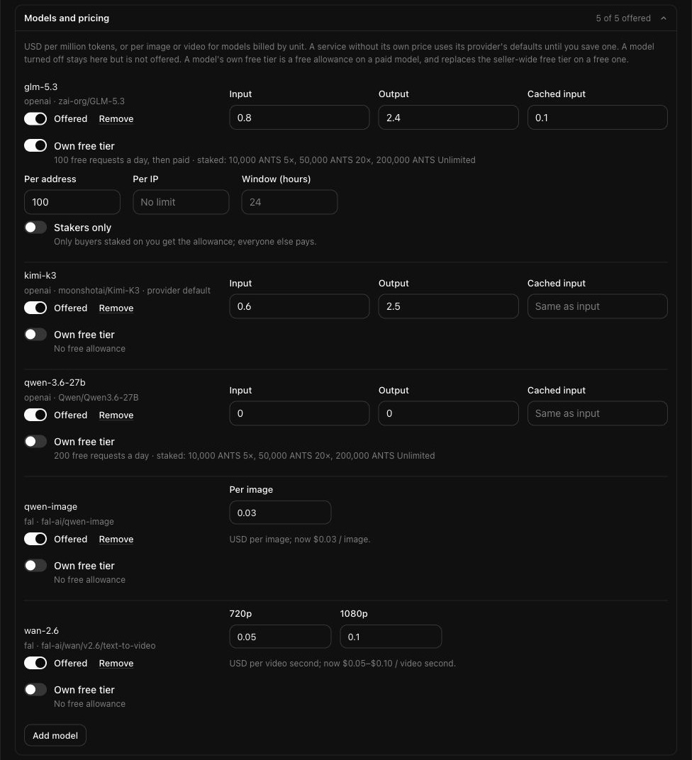 Model settings with availability switches, editable prices, free usage allowances and an Add model option.