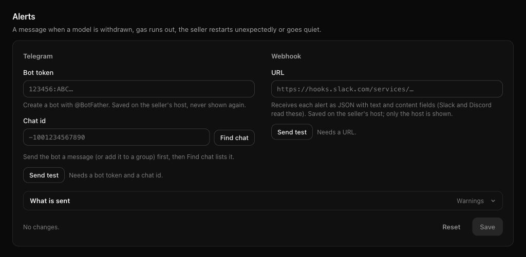 Alerts settings with Telegram and webhook connections and test notification controls.