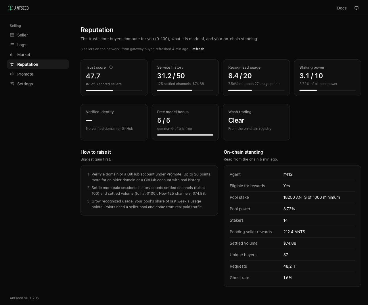 Reputation view showing the seller’s trust score, suggested improvements and staking pool information.