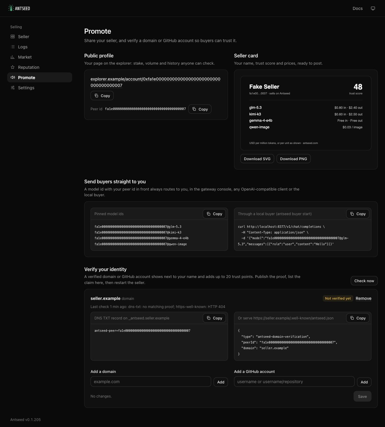 Promote view with a public profile link, downloadable seller card, direct model IDs and identity verification options.