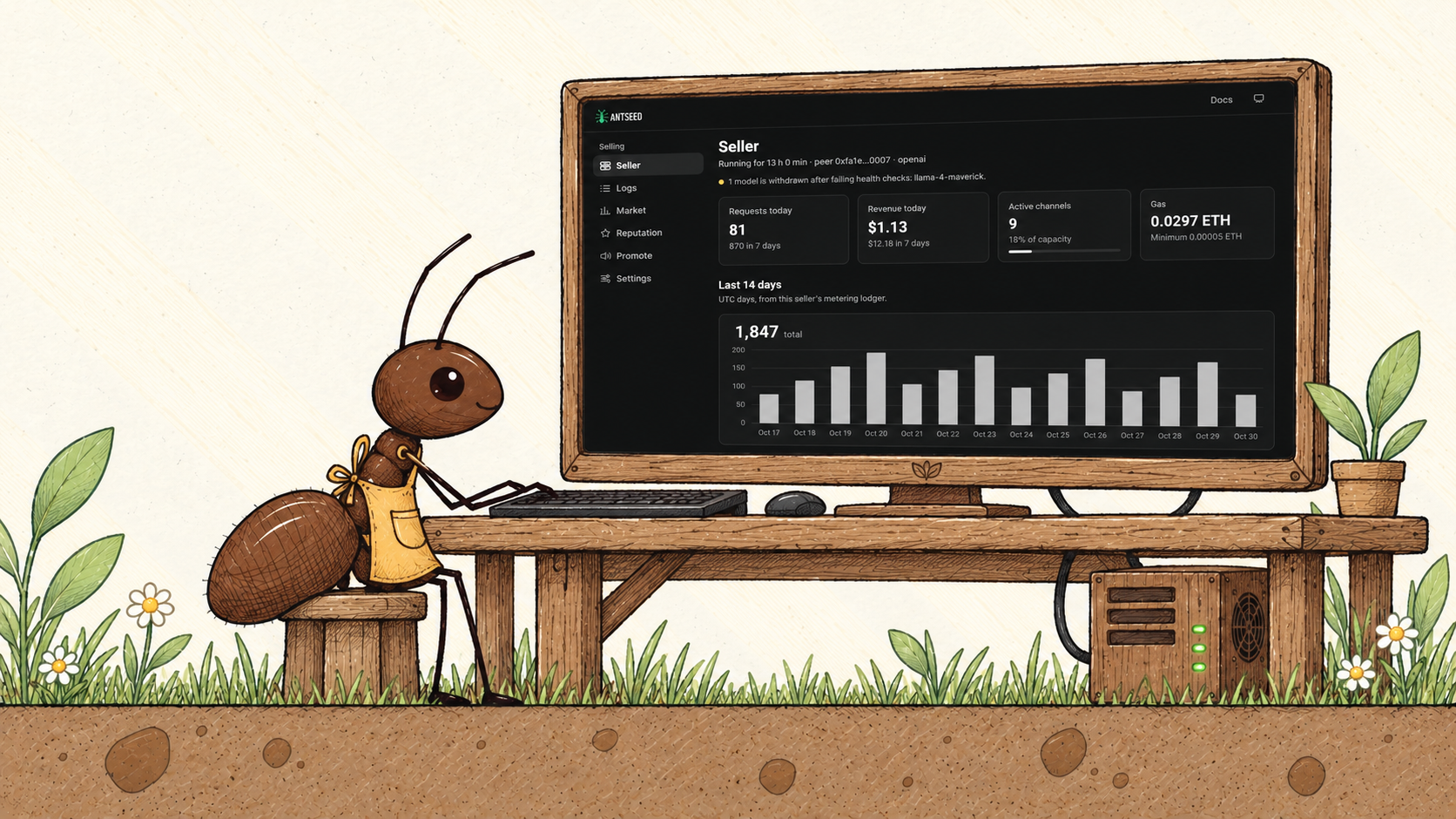 An illustrated ant using the Antseed seller dashboard at a wooden desk.