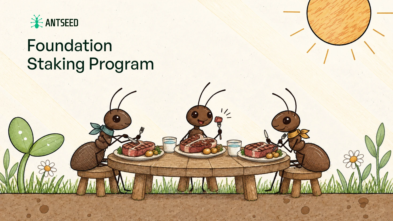 Foundation Staking Program: three illustrated ants enjoy steaks together at a wooden table.