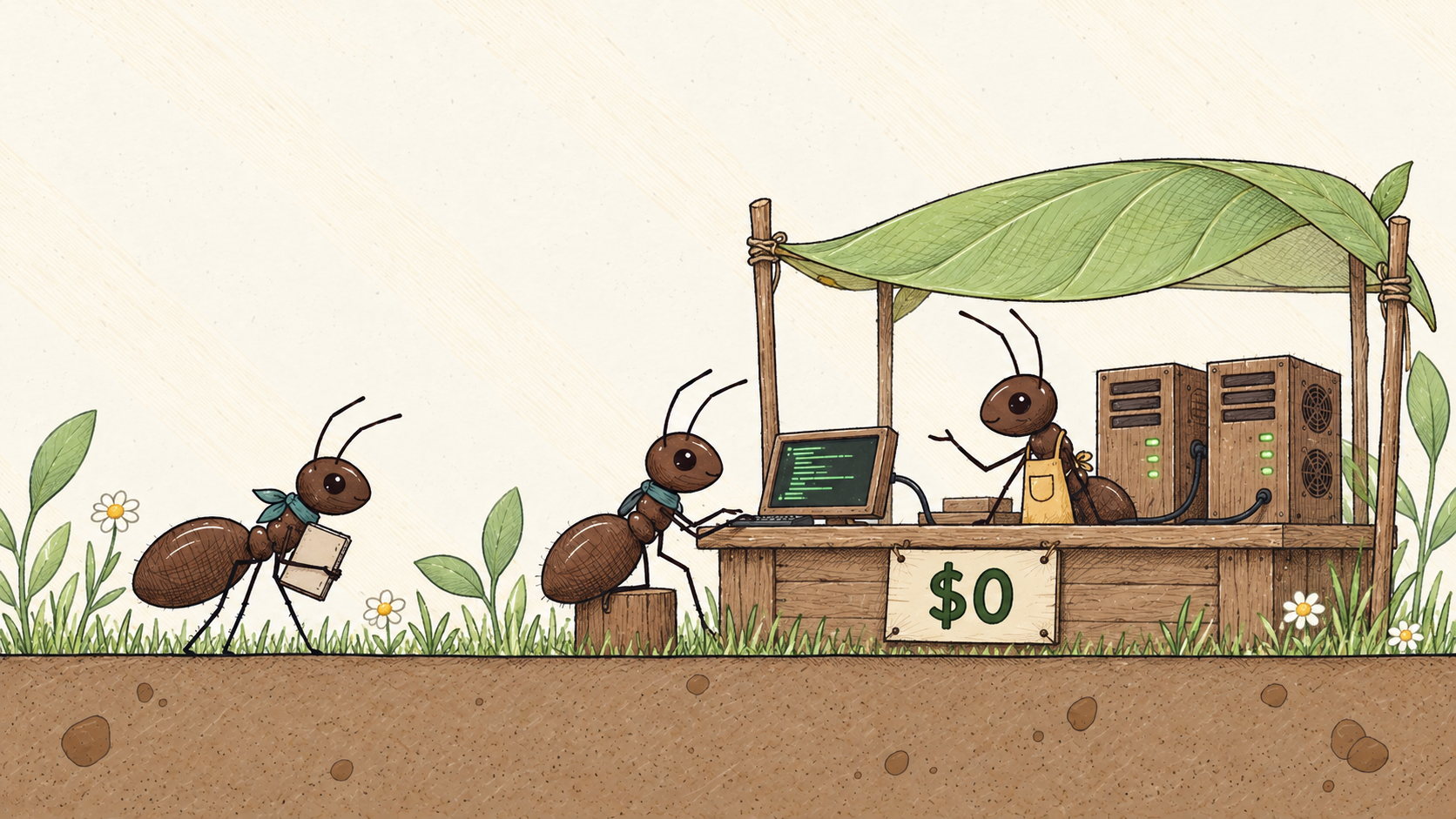 A provider ant offers AI access at a leaf-covered market stall with servers and a $0 sign, while one ant uses a laptop and another approaches.