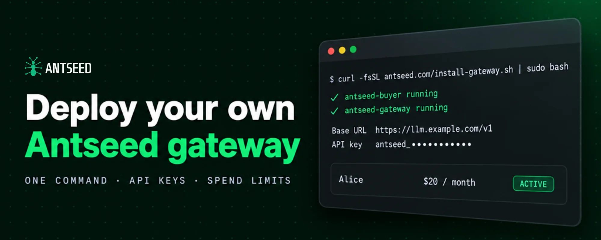 Deploy your own Antseed gateway: one command, API keys per person, spend limits