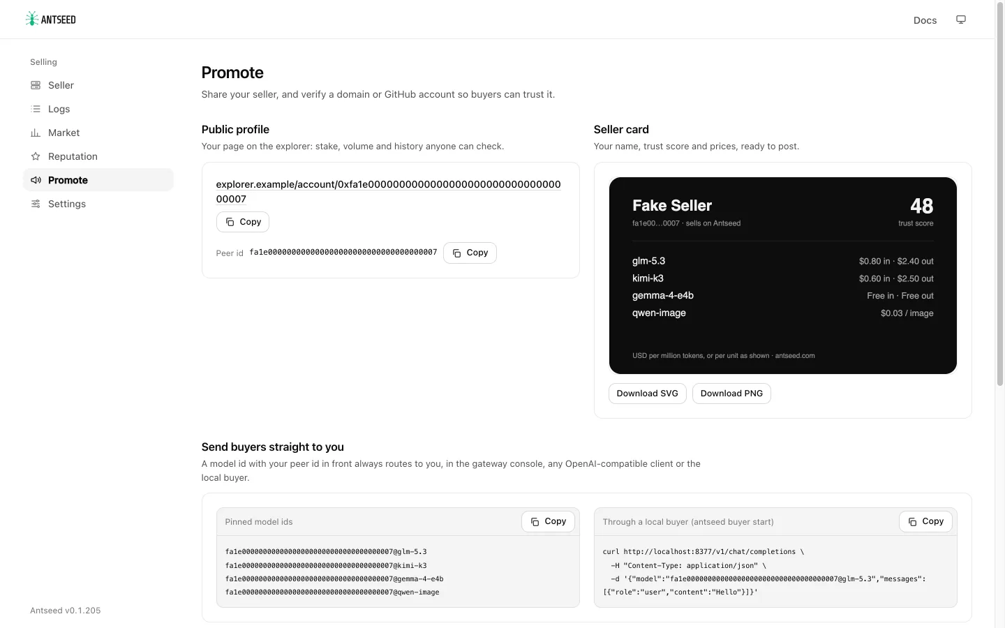 Promote: public profile, a downloadable seller card, and pinned-model examples