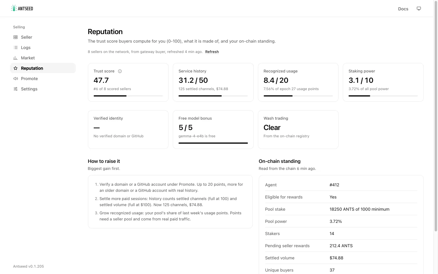 Reputation: trust score and its parts, how to raise it, and on-chain standing